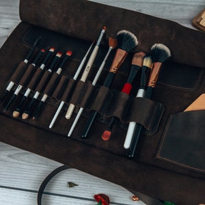 Makeup brush bag,Roll up makeup bag,Brush roll up case,Custom leather roll,Makeup brush case