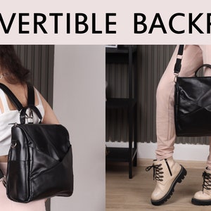 May include: A black convertible backpack with a flap closure and a silver zipper. The backpack can be worn as a shoulder bag or a backpack.