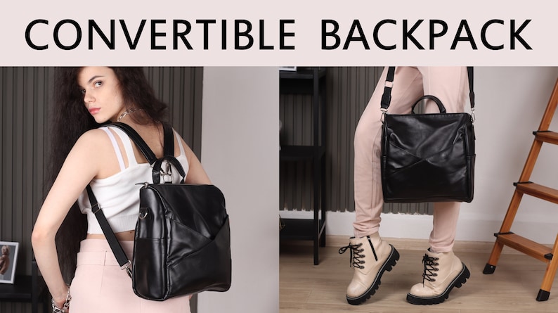 May include: A black convertible backpack with a flap closure and a silver zipper. The backpack can be worn as a shoulder bag or a backpack.