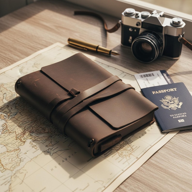 May include: A brown leather journal with a strap closure rests on a world map. A vintage camera, a gold pen, a passport, and a boarding pass are also on the wooden surface. The journal is approximately 8 inches long.