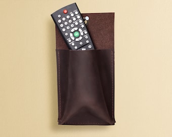 Remote control holder,Leather wall pocket,Leather hanging organizer,Remote control caddy,Remote control organiser,One pocket remote holder