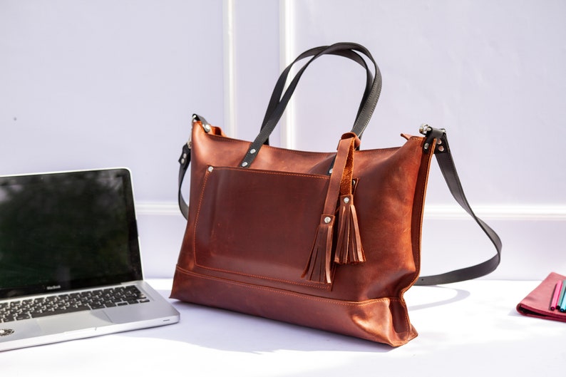 Laptop bag women,Leather satchel bag women,Monogram leather bag,Large leather tote,Leather laptop bag women,Leather laptop bag,Work bag image 2