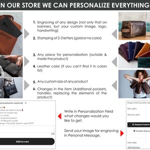 May include: A leather goods store offers personalization options for their products. The image shows a variety of leather goods, including wallets, bags, and a cosmetic bag. The store offers engraving, stamping, and custom sizing. The text in the image reads "In our store we can personalize everything!" and "Write in Personalization Field what changes would you like to get. Send your image for engraving in Personal Message."