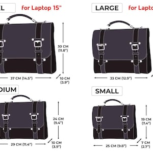 May include: Four different sizes of black leather briefcases with metal buckles and handles. The briefcases are labeled XL, Large, Medium, and Small. The measurements of each briefcase are listed in inches and centimeters.