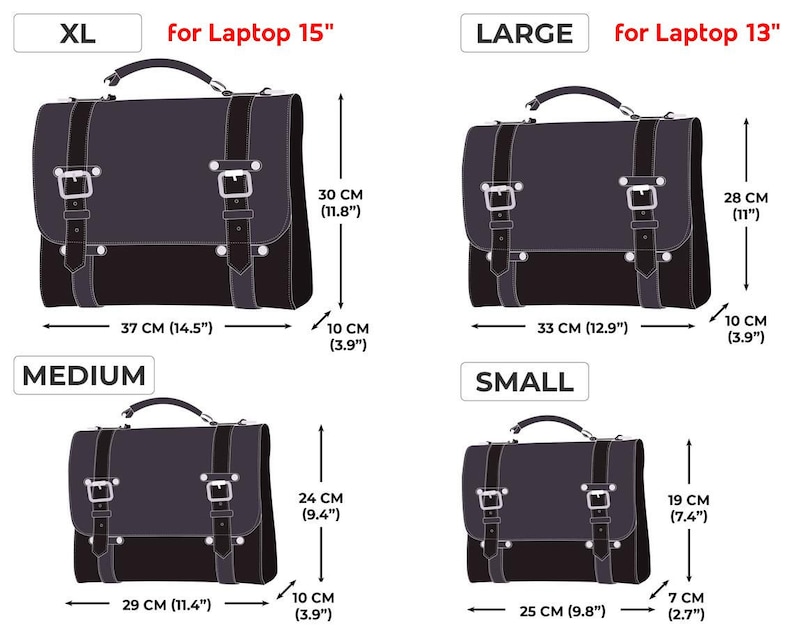 May include: Four different sizes of black leather briefcases with metal buckles and handles. The briefcases are labeled XL, Large, Medium, and Small. The measurements of each briefcase are listed in inches and centimeters.