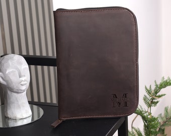 Personalisiertes Leder-Portfolio mit Reißverschluss, Leder-Notebook mit Reißverschluss, Benutzerdefinierte Leder-Notebook-Abdeckung, Monogrammed-Leder-Portfolio