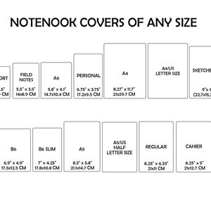 May include: Diagram of notebook cover sizes, including Passport (5" x 3.5"), Field Notes (5.5" x 3.5"), A6 (5.8" x 4.1"), Personal (6.75" x 3.75"), A4 (8.27" x 11.7"), and Sketchbook (9" x 6"). Also includes B6, B6 Slim, A5, A5/US Half Letter Size, Regular, and Cahier sizes.
