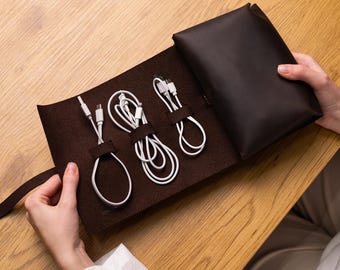 Leather cord organizer, Personalized cord organizer, Leather cable organizer, Leather charger holder, Travel cord organizer large