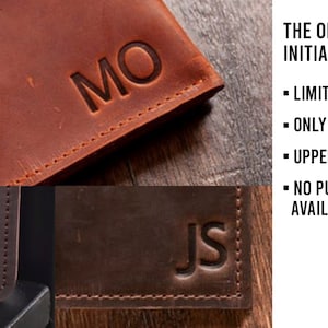 May include: Three leather wallets with different initials embossed on them. The initials are "MO", "SP", and "JS". The text "THE OPTION OF EMBOSSING INITIALS:" is shown on the right side of the image. Below the text, a list of rules for embossing initials is provided: "LIMITED WITH 3 CHARACTERS", "ONLY ENGLISH LETTERS", "UPPERCASE", "NO PUNCTUATION MARKS AVAILABLE". A capital letter "A" is shown with a measurement of 15 mm.