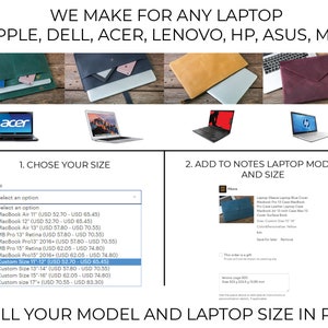 Puede incluir: Una gu&iacute;a para pedir fundas de port&aacute;til personalizadas. La imagen muestra una selecci&oacute;n de fundas de port&aacute;til en diferentes colores y materiales, junto con una lista de tama&ntilde;os de port&aacute;tiles y precios. El texto "We make for any laptop (Apple, Dell, Acer, Lenovo, HP, Asus, MSI)" est&aacute; en la parte superior de la imagen. El texto "Tell your model and laptop size in PM" est&aacute; en la parte inferior de la imagen.