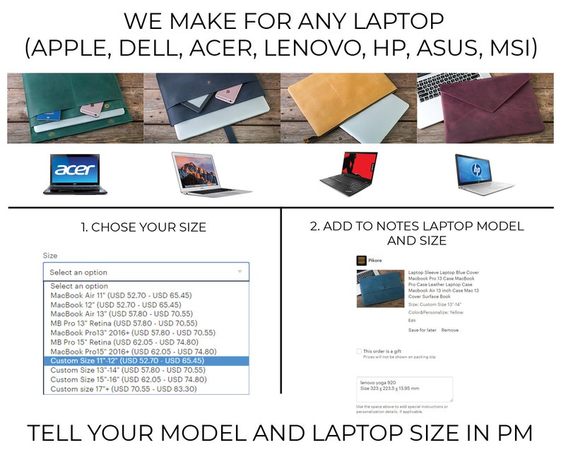 Puede incluir: Una gu&iacute;a para pedir fundas de port&aacute;til personalizadas. La imagen muestra una selecci&oacute;n de fundas de port&aacute;til en diferentes colores y materiales, junto con una lista de tama&ntilde;os de port&aacute;tiles y precios. El texto "We make for any laptop (Apple, Dell, Acer, Lenovo, HP, Asus, MSI)" est&aacute; en la parte superior de la imagen. El texto "Tell your model and laptop size in PM" est&aacute; en la parte inferior de la imagen.