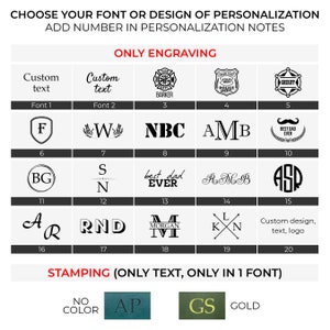 May include: A chart showing different font and design options for personalization. The options are divided into two categories: "Only Engraving" and "Stamping (Only Text, Only in 1 Font)". Each option has a number and a visual representation of the font or design.