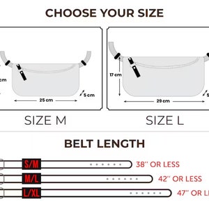 May include: Diagram showing two sizes of a fanny pack, size M and size L, with measurements in centimeters. Size M is 25 cm wide, 15 cm high, and 5 cm deep. Size L is 29 cm wide, 17 cm high, and 5 cm deep. Belt length details are also shown.