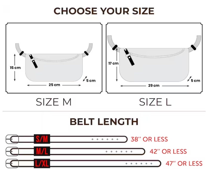 May include: Diagram showing two sizes of a fanny pack, size M and size L, with measurements in centimeters. Size M is 25 cm wide, 15 cm high, and 5 cm deep. Size L is 29 cm wide, 17 cm high, and 5 cm deep. Belt length details are also shown.