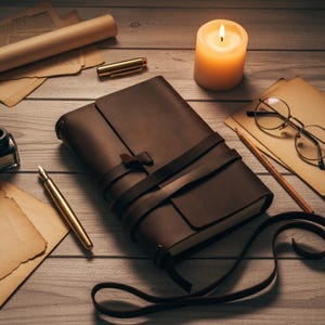May include: A brown leather journal with a strap closure, a lit candle, and a gold pen on a wooden surface. The scene includes vintage paper, a pencil, glasses, and an inkwell, creating a classic, antique aesthetic.