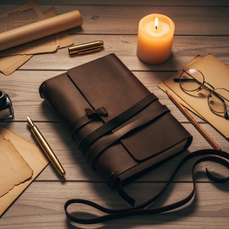 May include: A brown leather journal with a strap closure, a lit candle, and a gold pen on a wooden surface. The scene includes vintage paper, a pencil, glasses, and an inkwell, creating a classic, antique aesthetic.