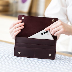 Cartera de cuero larga personalizada, Cartera grande de cuero para mujer, Cartera delgada personalizada, Cartera de mujer grabada, Cartera con caja de regalo