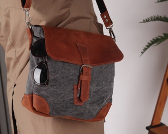 Leather canvas men bag,Canvas leather crossbody bag,Canvas leather satchel,Canvas leather messenger bag
