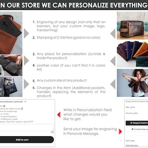 May include: A leather goods store offers personalization options for their products. The image shows a variety of leather goods, including wallets, bags, and a cosmetic bag. The store offers engraving, stamping, and custom sizing. The text in the image reads "In our store we can personalize everything!" and "Write in Personalization Field what changes would you like to get. Send your image for engraving in Personal Message."