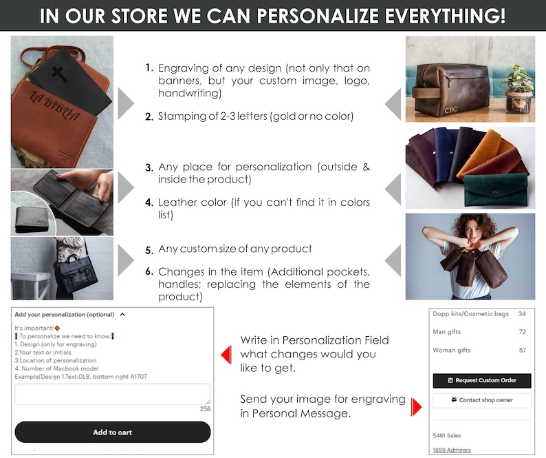 May include: A leather goods store offers personalization options for their products. The image shows a variety of leather goods, including wallets, bags, and a cosmetic bag. The store offers engraving, stamping, and custom sizing. The text in the image reads "In our store we can personalize everything!" and "Write in Personalization Field what changes would you like to get. Send your image for engraving in Personal Message."