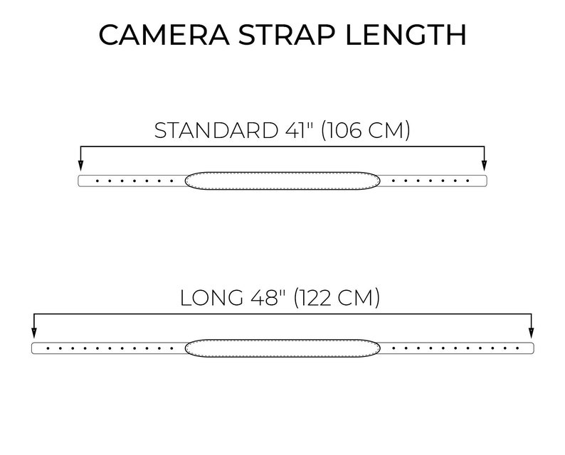 K&ouml;nnte beinhalten: Diagramm mit zwei Kameragurtl&auml;ngen: Standard 41 Zoll (106 cm) und lang 48 Zoll (122 cm).