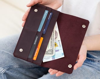 Handmade leather wallet women, Personalized long wallet, Customized leather wallet, Wallet with card holders, Leather slim wallet women