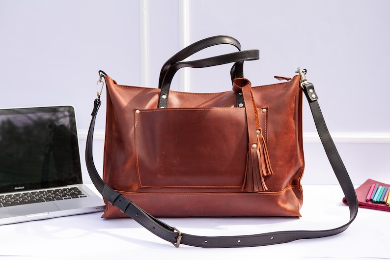Laptop bag women,Leather satchel bag women,Monogram leather bag,Large leather tote,Leather laptop bag women,Leather laptop bag,Work bag image 1