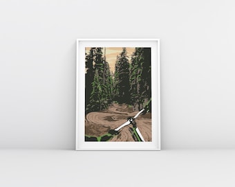 Puede incluir: Una ilustración digital de un sendero de bicicleta de montaña serpenteando a través de un bosque. El sendero es marrón y los árboles son verdes. El manillar de la bicicleta es visible en primer plano.
