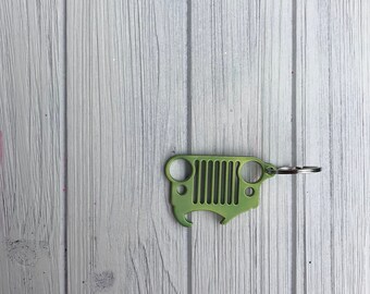 Jeep grille bottle opener keychain green powder coated stainless steel