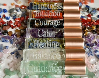 Kristallinfundierte ätherisches Öl Walzen | Kristall Walzen | Ätherisches Öl Walzen | Gravierte Glasroller 10ml | Apotheke | Selbstfürsorge