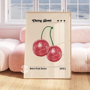 Retro Disco Fruit, Cherry Bomb, Kitchen Art Prints, Retro Disco Prints, Trendy Home Decor, Wall Art, Cherries, Cherry Prints
