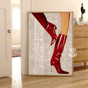 Trendy Newspaper Article Print, Red Boots Retro Poster Art Print, Wall Art, Printable, Trendy, Preppy Aesthetic, Funky, Dorm Room, Collage