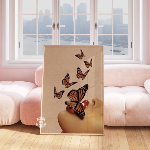 Butterfly Mouth Art Print, Home Decor, Wall Art, Art Poster, Printable, Vintage Background, Trendy, Preppy Aesthetic, Funky, Butterflies