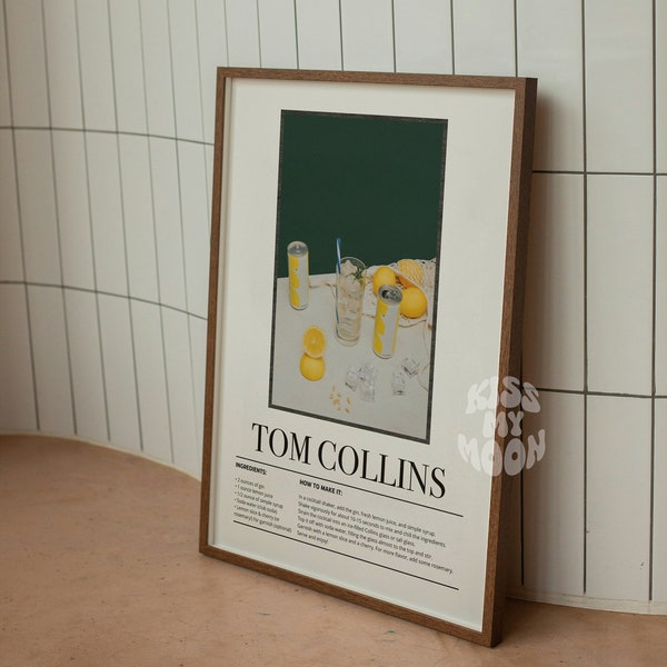 Tom Collins Cocktail Recipe Art Print, Wall Art, Home Decor, Cocktail Drink, Retro Aesthetic, Bar Cart Art, Gift, Trendy Art