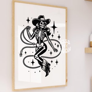 Moody Skeleton Cowgirl Art Print: Retro Gothic Dorm Decor (Digital Download)
