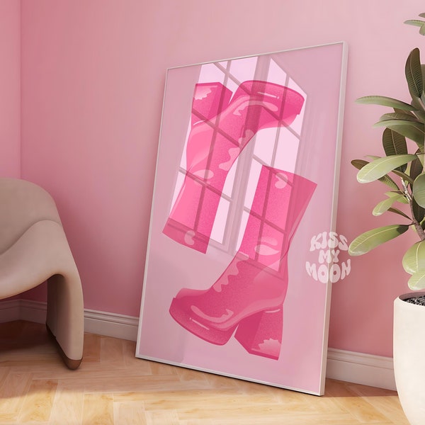 Chunky Heel GoGo Boots Art Print, Home Decor, Wall Art, Art Poster, Printable, Pink Background, Trendy, Y2K Aesthetic, Funky, Preppy