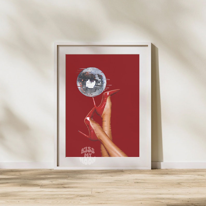 Retro High Heels, Disco Ball, Red Trendy Prints, Art Printable, Home
