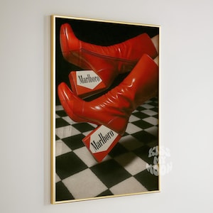 Czerwone buty Gogo Chunky Heel Cigarette Pack Prints Art Retro plakat, sztuka ścienna do druku Modny estetyczny Funky akademik ścienny kolaż