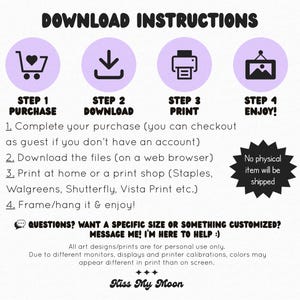 Puede incluir: Instrucciones de descarga para una impresi&oacute;n digital. Los pasos son: comprar, descargar, imprimir y disfrutar. La imagen incluye iconos para cada paso y una nota que indica que no se enviar&aacute; ning&uacute;n art&iacute;culo f&iacute;sico.