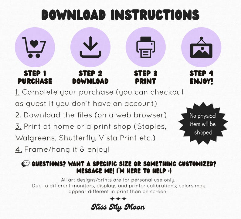 Puede incluir: Instrucciones de descarga para una impresi&oacute;n digital. Los pasos son: comprar, descargar, imprimir y disfrutar. La imagen incluye iconos para cada paso y una nota que indica que no se enviar&aacute; ning&uacute;n art&iacute;culo f&iacute;sico.