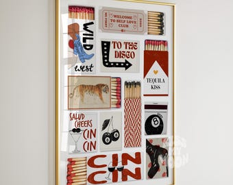 May include: A collage of matchbox labels with various designs and text, including "Wild West", "Welcome to Self Love Club", "To the Disco", "Tequila Kiss", "Salud Cheers Cin Cin Cin", and "Cin Cin Cin".