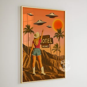 Space Cowgirl Western Desert Prints Art Retro plakat, sztuka ścienna, do druku, modny, elegancki, funky, pokój w akademiku, kolaż ścienny czerwony różowy