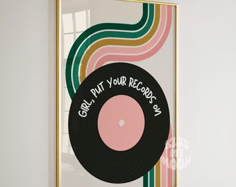 Lámina artística retro "Girl Put Your Records On", arte mural rosa y verde, póster de vinilo, decoración moderna para dormitorio femenino (descarga digital)
