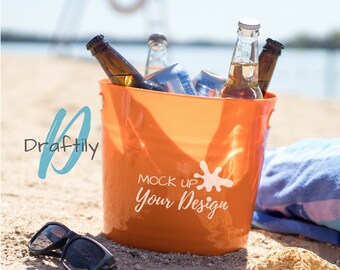 Download Ice Bucket Mock Up Orange Michaels Buckets Container Ice Beer Plastic Beach Sand Summer Party Drinks Styled Stock Photo Free Mockups Templates Premium PSD Mockup Templates