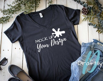 Download Free Next Level Ideal V 1540 T Shirt Mockup, Black, V Neck, Flat Lay Tee, Mock Up, Jeans, Shoes, Styled Stock Photo, SVG and PNG Ready PSD Template