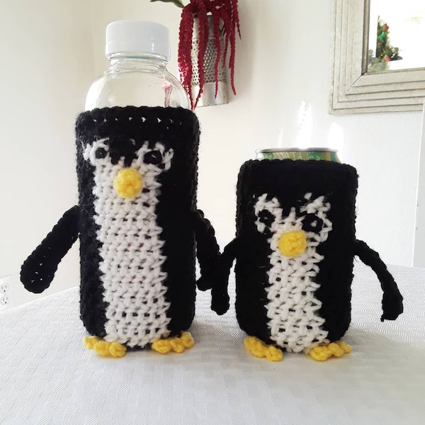 Penguin bottle waddle winter crochet water bottle can ice cream pint jar ugly sweater cozy pullover holder