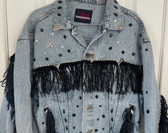 Vintage Western Fringe & Denim Bejeweled Jacket