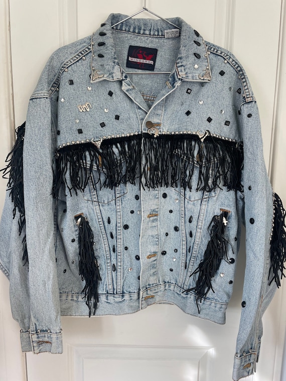 Vintage Western Fringe & Denim Bejeweled Jacket - image 1