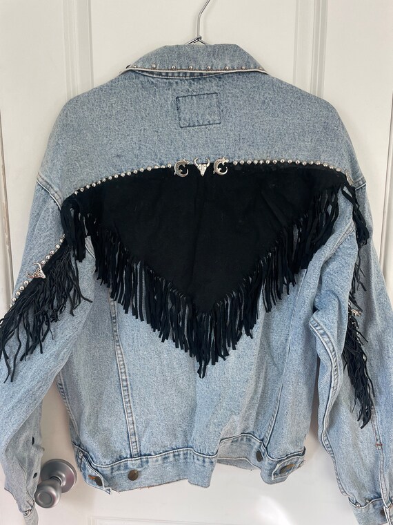 Vintage Western Fringe & Denim Bejeweled Jacket - image 5