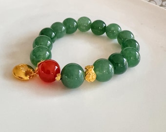 Natural Green Jade Beaded Bracelet | 13mm Feng Shui Prosperity Charms